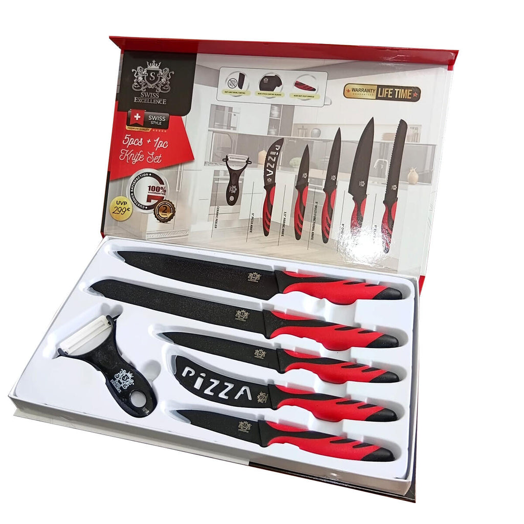 Cuchillos de Cocina Profesionales y Pelador 6 Piezas Antiadherente de Acero Inoxidable Rojo