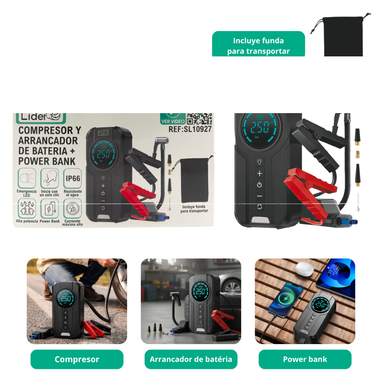 Compresor y arrancador de batería + power bank