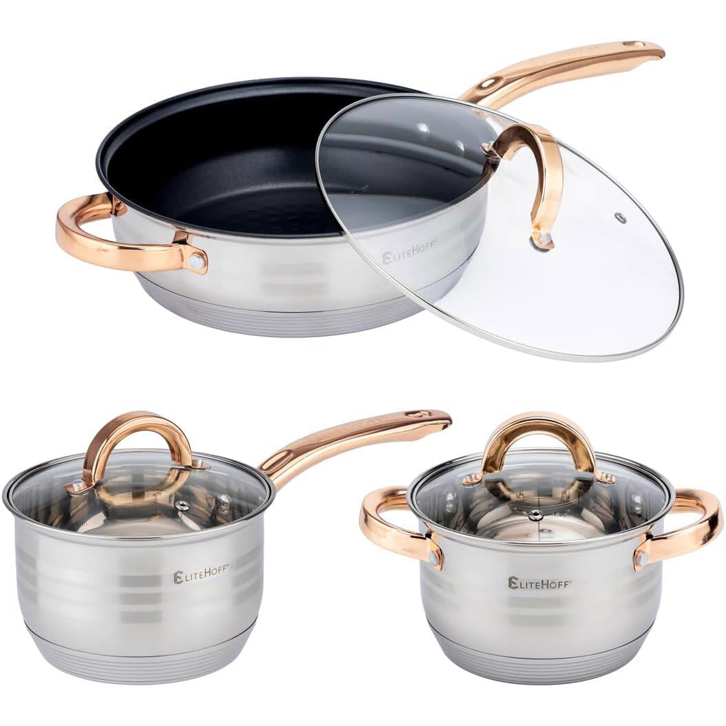 Batería de Cocina 12 Piezas, Juego de ollas en Acero Inoxidable con Tapas Apta para Todo Tipo de Cocinas Incluyendo Inducción