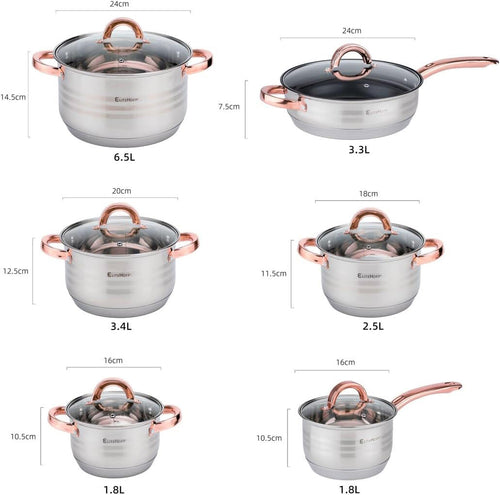Batería de Cocina Ollas 12 Piezas en Acero Inoxidable con Tapas Apta para Todo Tipo de Cocinas Incluyendo Inducción Rosa
