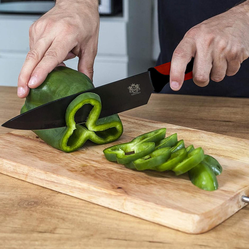 Cuchillos de Cocina Profesionales y Pelador 6 Piezas Antiadherente de Acero Inoxidable Rojo