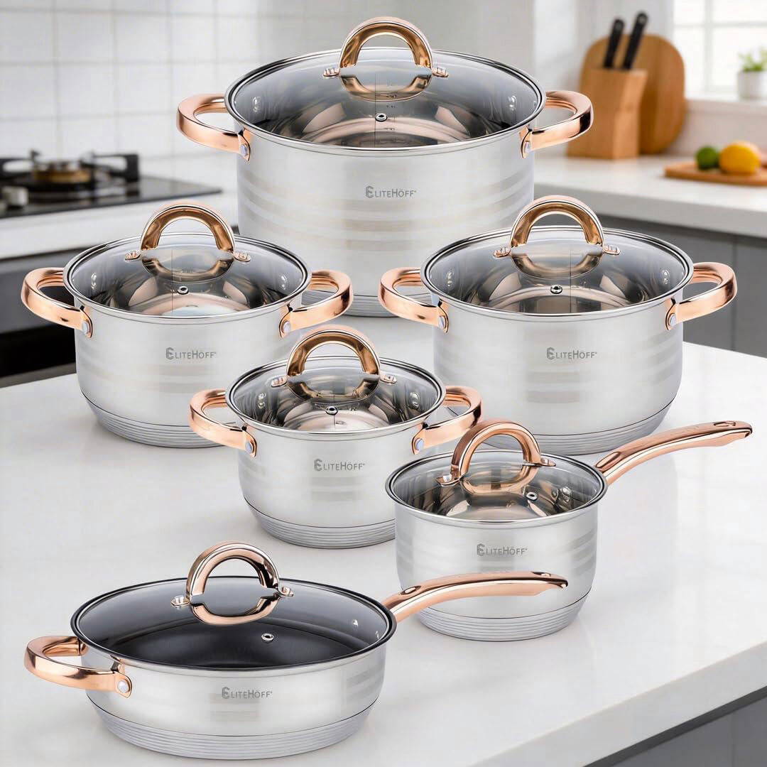 Batería de Cocina 12 Piezas, Juego de ollas en Acero Inoxidable con Tapas Apta para Todo Tipo de Cocinas Incluyendo Inducción