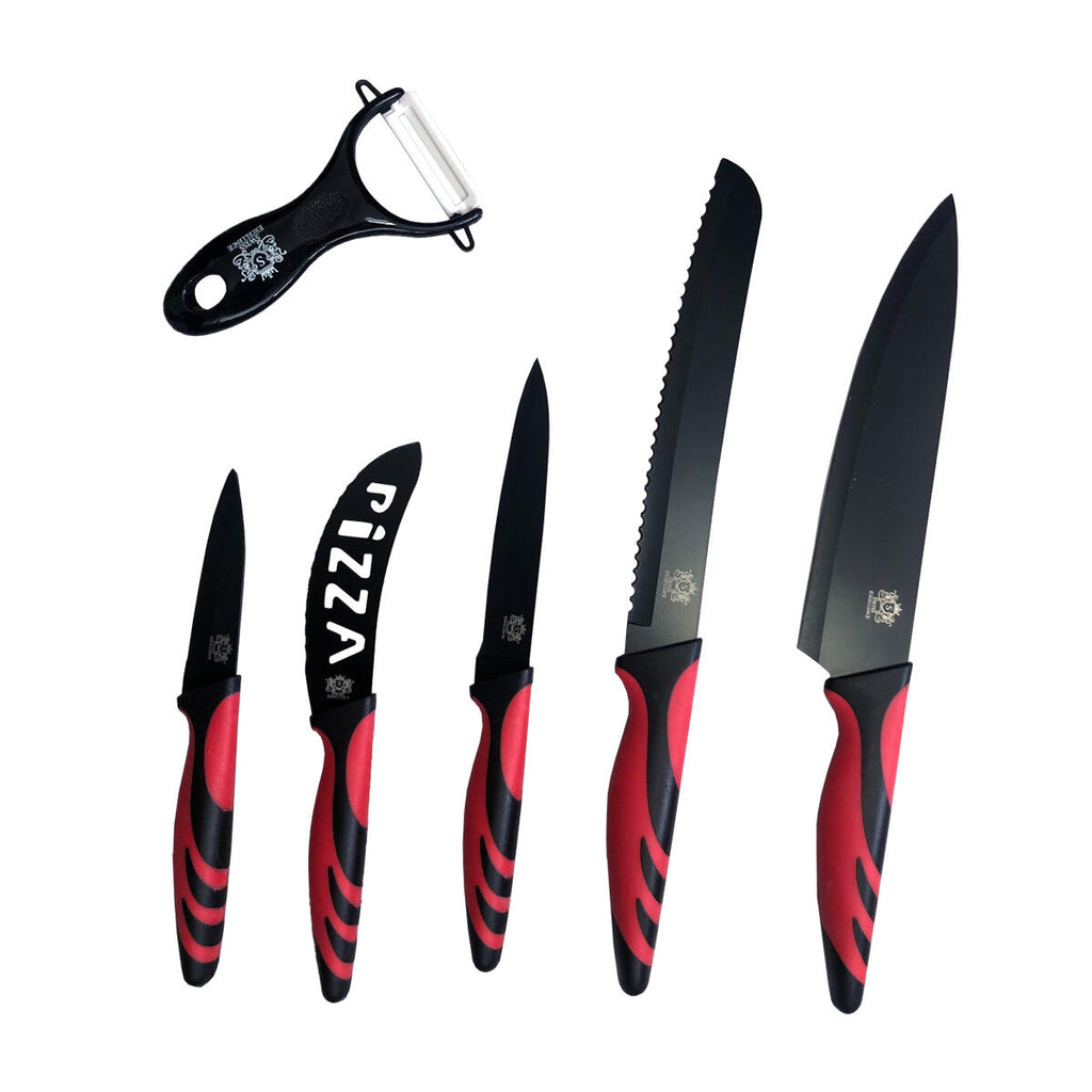 Cuchillos de Cocina Profesionales y Pelador 6 Piezas Antiadherente de Acero Inoxidable Rojo